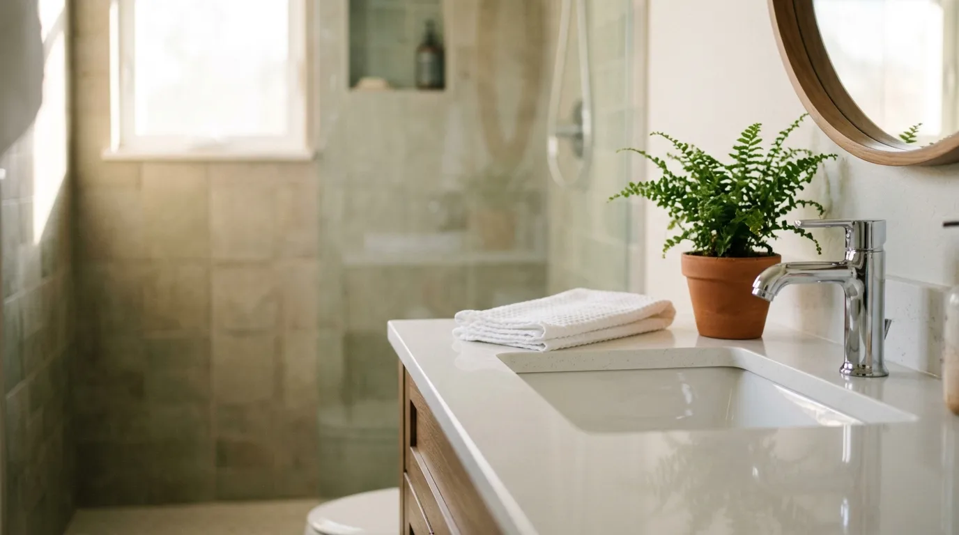 A white quartz vanity, clean white basin and polished chrome faucet