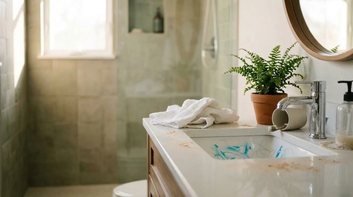 The same vanity with toothpaste smears in the basin and water spots on the faucet