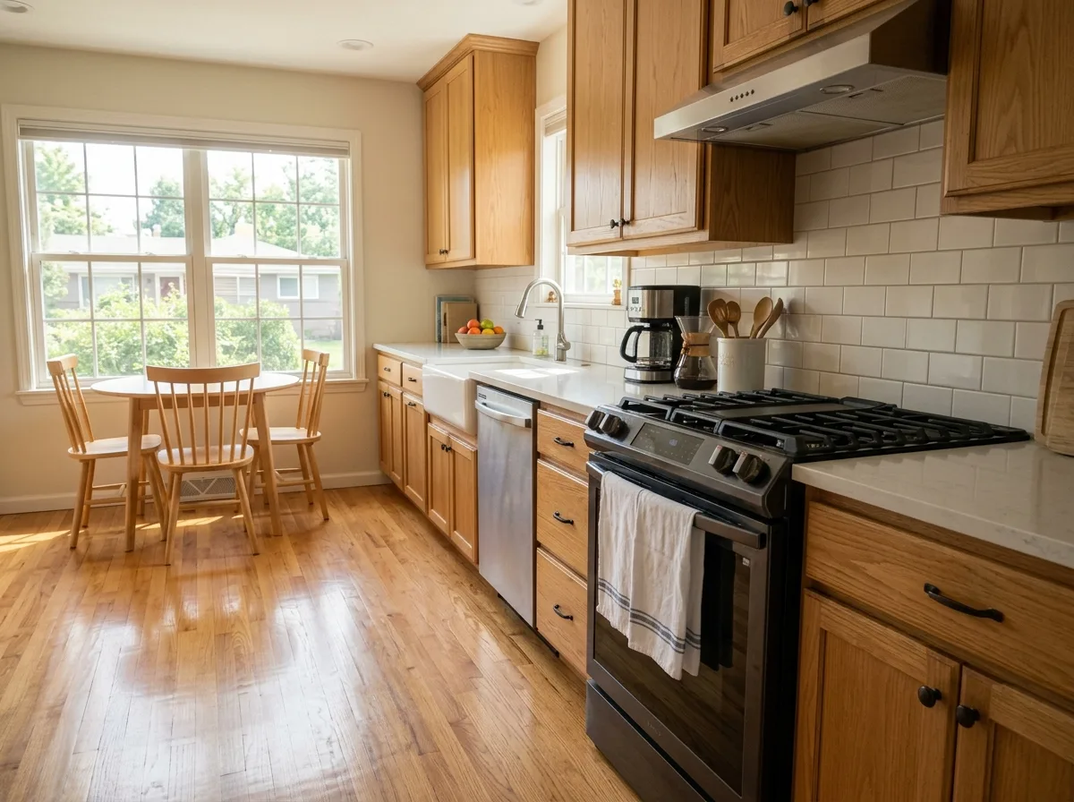 A tidy kitchen late in the morning, counters cleared and chairs tucked in