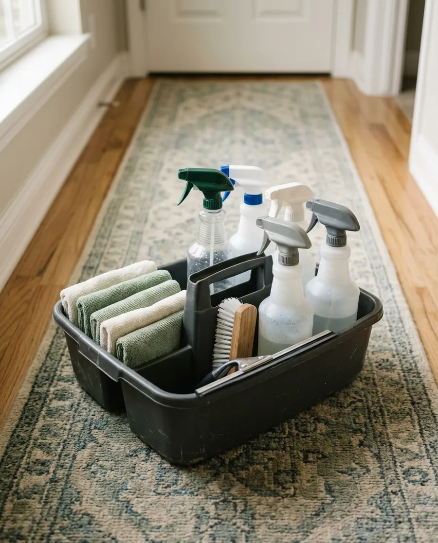 An open supply caddy of spray bottles and folded cloths on a hallway runner