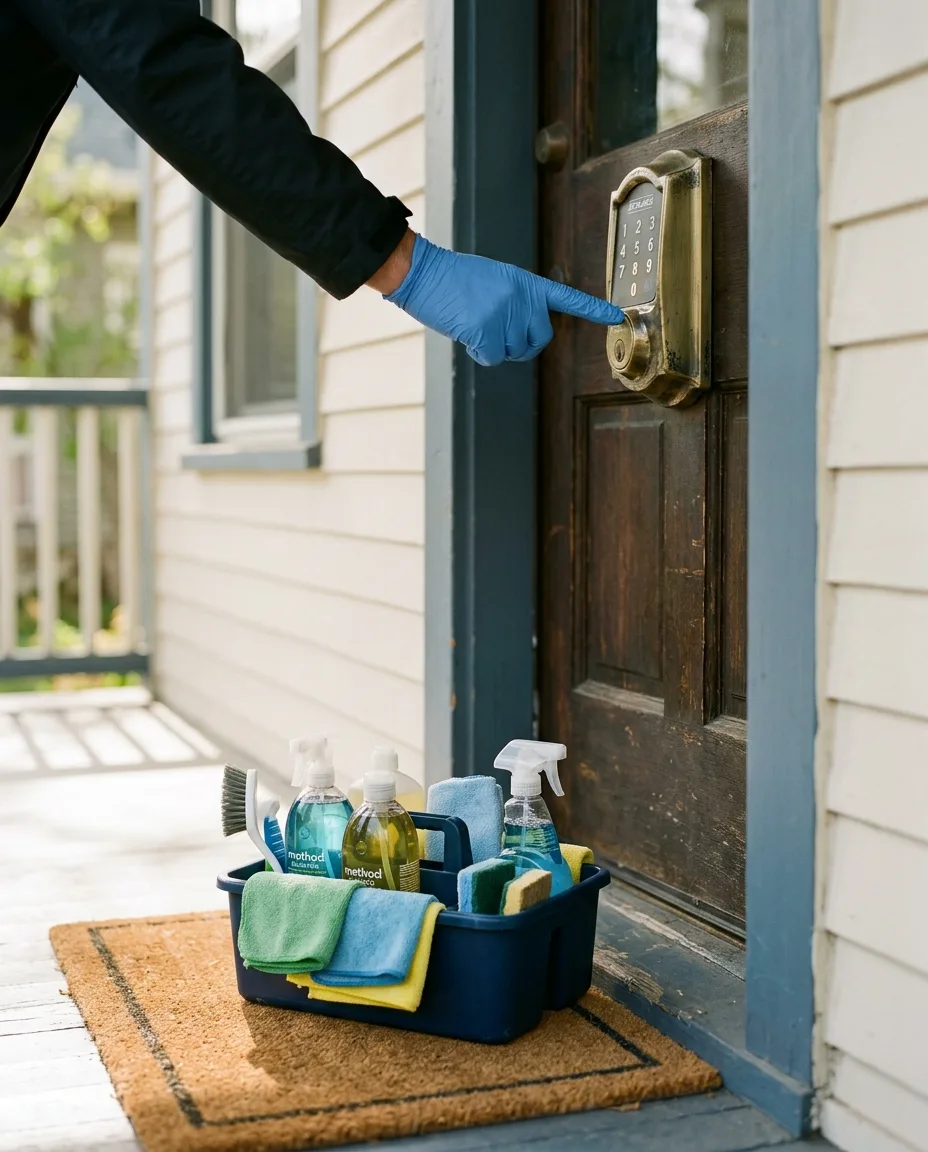A gloved hand pressing the keypad lock on a front door, a supply caddy on the step