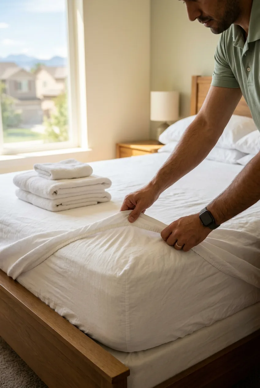 Hands pulling a white fitted sheet tight over the corner of a bed