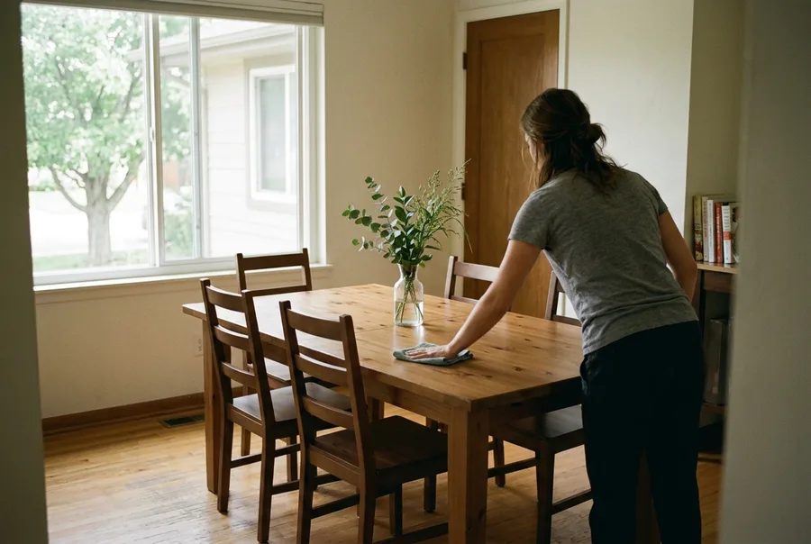 A dining room before guests, a wood table wiped down and a glass vase centered