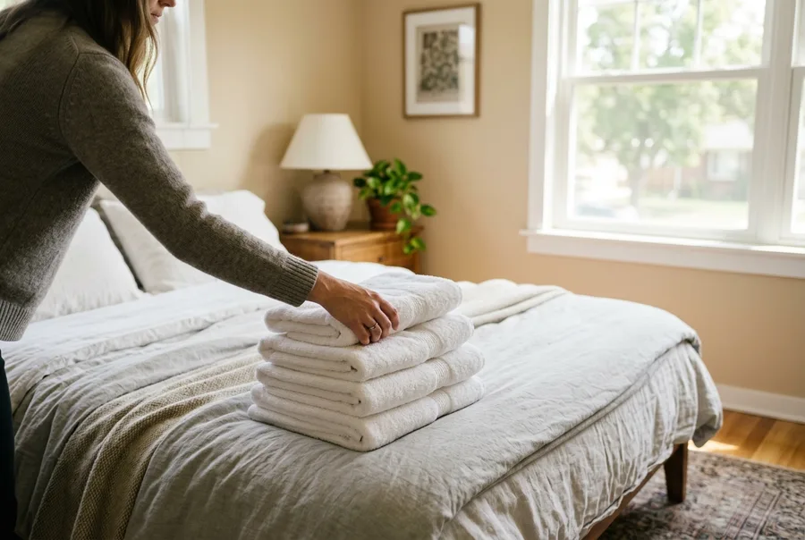 Folded white bath towels at the foot of a freshly made bed